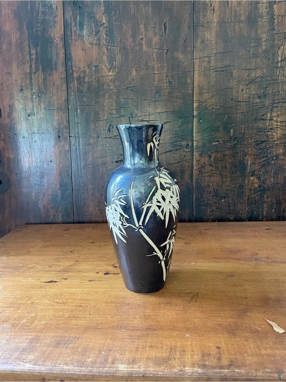 Vintage Mid Century Mod Black With Etched Bamboo Design Japanese Pottery Vase 9”